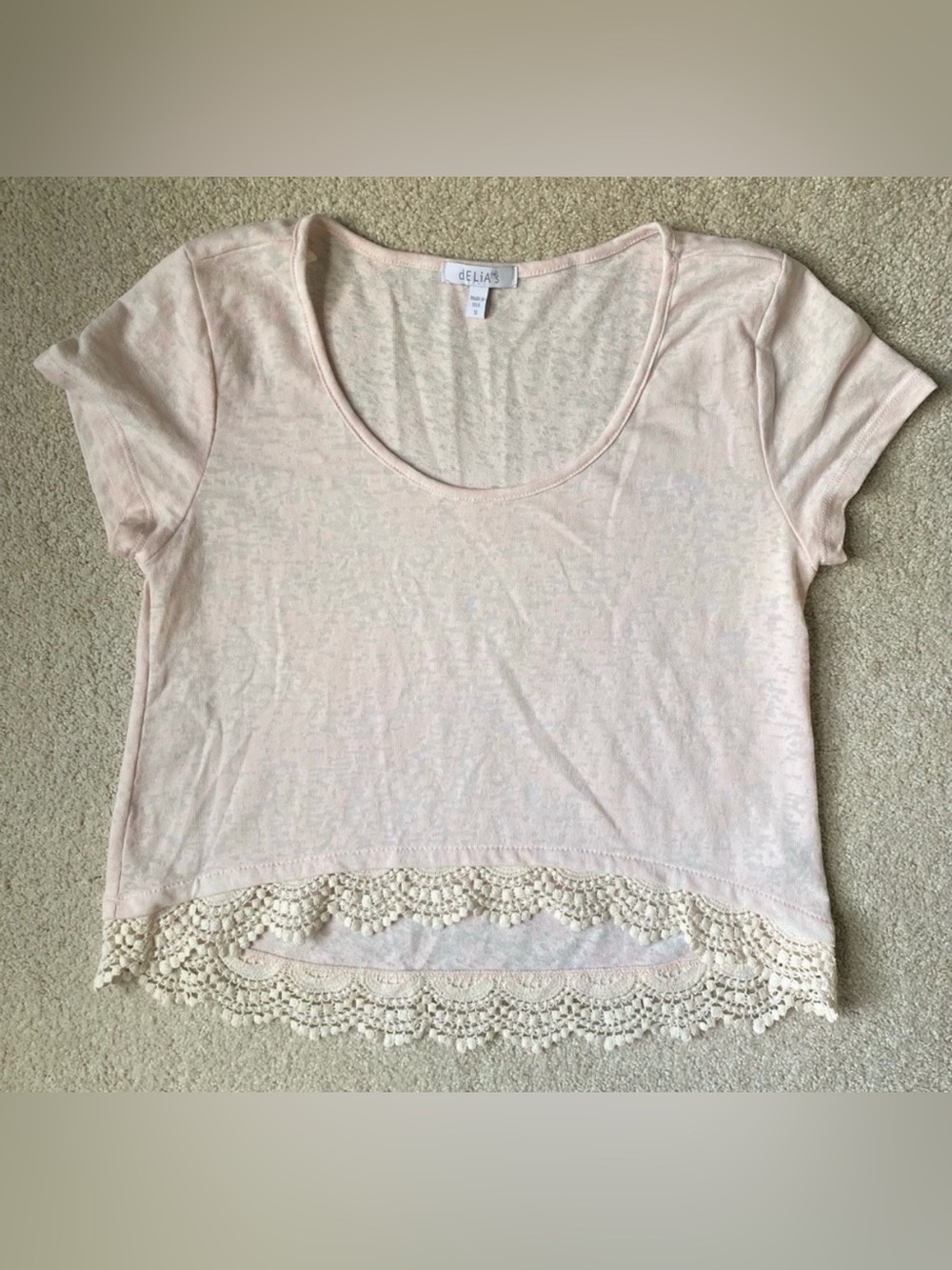 Heathered Light Pink Crop Top with Lace Hem